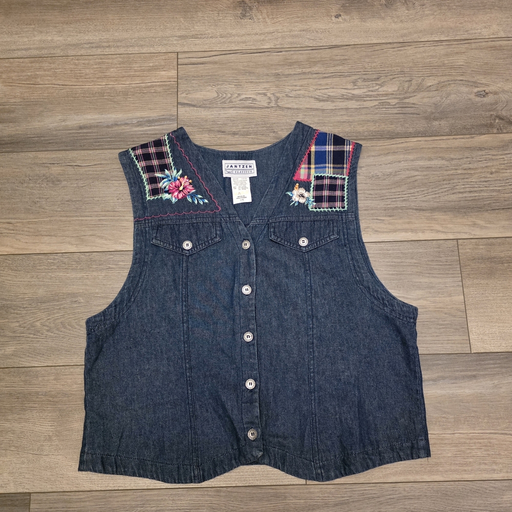 Vtg Jantzen Denim Vest with Embroidered Floral and Plaid Details